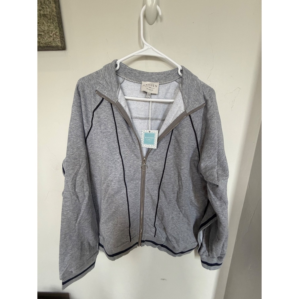 Hayden Los Angeles Grey Ruffle Back Zip Up Track Jacket Navy Trim Womens Small